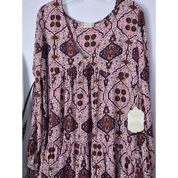 Altar'd State Pink Boho Pleated Front V-Neck Tie Long Sleeve Blouse Size Medium - Picture 5 of 7